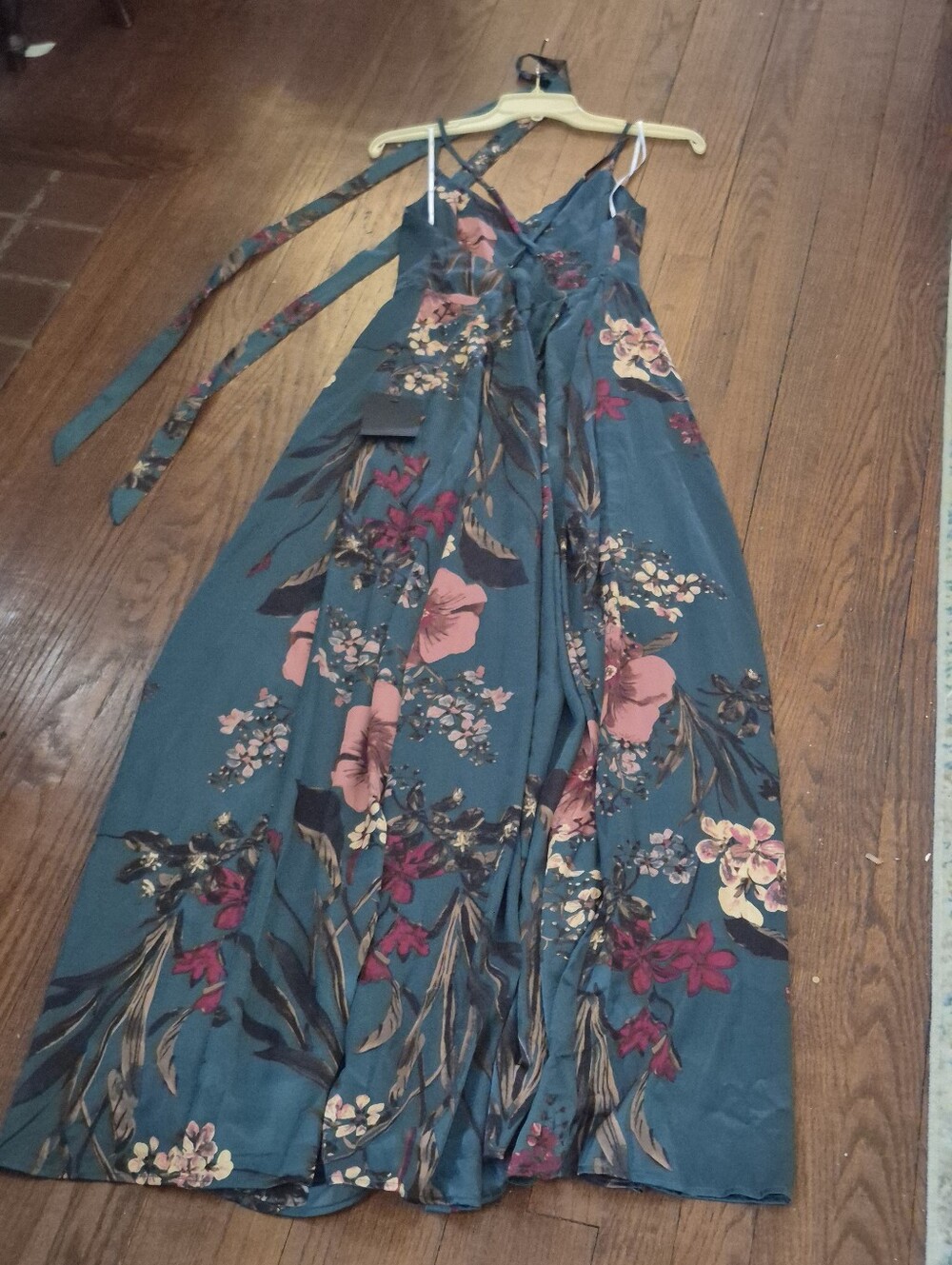 Lulu's Forest Green Silky Floral Maxi Dress Size Lg.